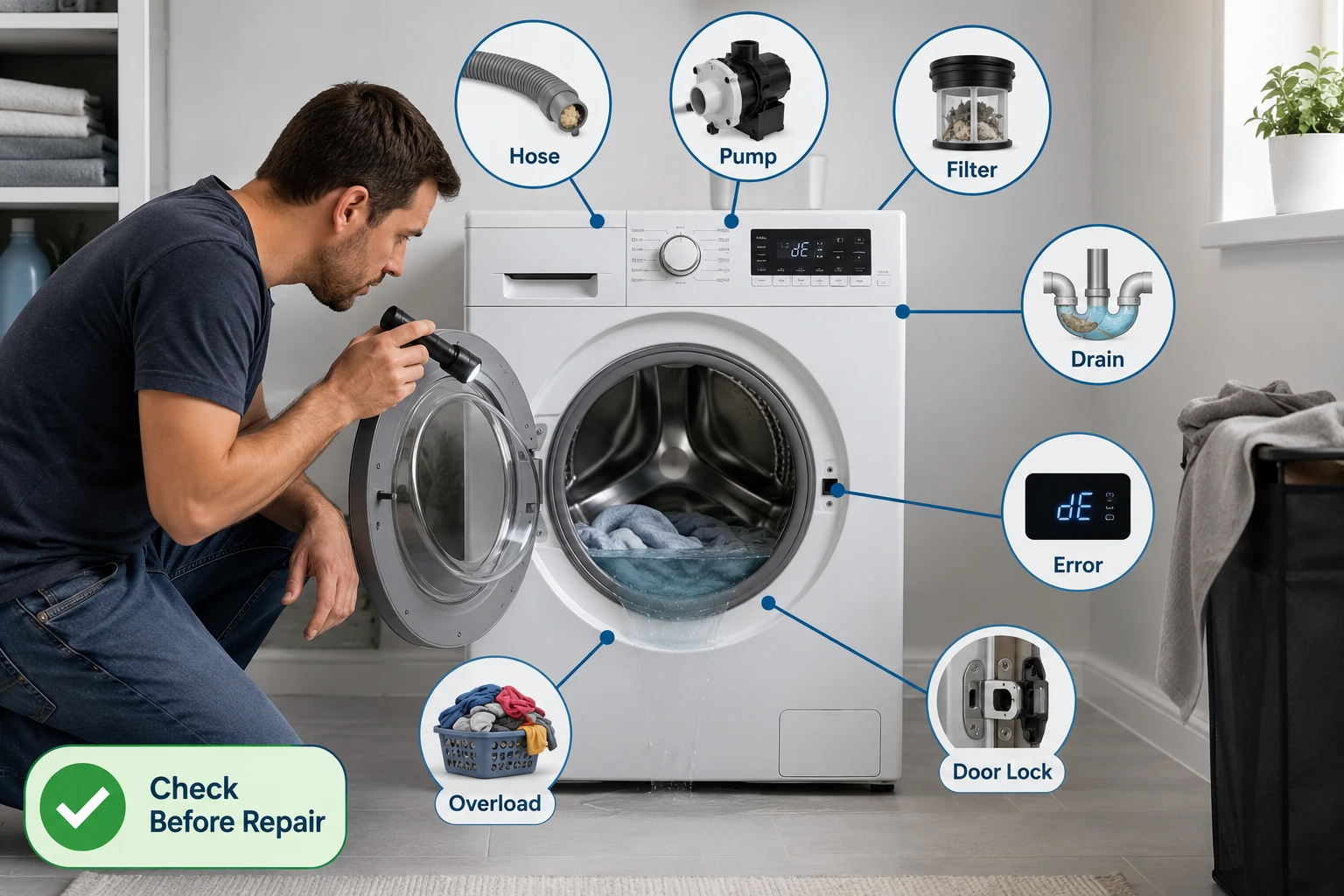 "Infographic showing a washer not draining with seven common causes, including a clogged drain hose, faulty drain pump, blocked filter, plumbing drain issue, error code, door lock problem, and overloaded laundry in a modern laundry room."