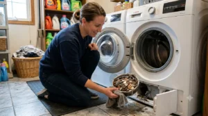 A realistic, landscape-oriented photo of a woman kneeling on a tiled laundry room floor. She is smiling as she removes a circular, metallic filter basket from a small open compartment at the bottom-front of a white, front-loading washing machine. She is holding the filter with a grey towel, revealing it is packed to the brim with wet coins, lint, and debris. The background is a brightly lit laundry room featuring a dryer, shelves stocked with colorful detergent bottles, and a wicker laundry basket full of clothes. 