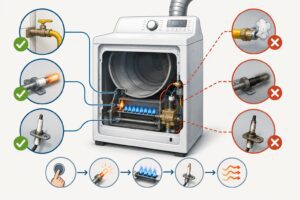 Infographic-style illustration of a gas dryer with a cutaway view highlighting the burner assembly, gas valve, igniter, and flame sensor. Green check icons indicate properly functioning gas supply and ignition components, while red X icons show common faults such as a gas leak, failed igniter, and dirty flame sensor. A visual workflow at the bottom illustrates the gas dryer ignition process from start-up to heated airflow.