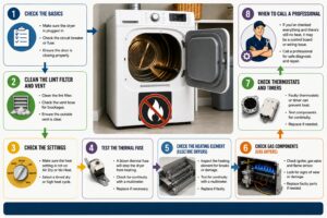 Infographic illustrating the step-by-step process for diagnosing a dryer that isn't heating. A central front-loading dryer with a no-heat warning icon is surrounded by numbered troubleshooting panels connected with arrows, covering basic checks, lint filter and vent cleaning, dryer settings, thermal fuse testing, heating element inspection, gas component checks, thermostat and timer inspection, and when to contact a professional. A clean blue footer bar without text completes the layout.