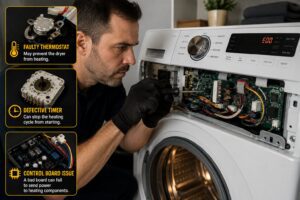 Realistic landscape illustration of an appliance technician diagnosing a front-loading dryer with its electronic control panel exposed. The technician inspects the wiring and circuit board while inset panels highlight a faulty thermostat, defective timer, and damaged control board as common causes of a dryer not heating. The image emphasizes professional appliance troubleshooting in a modern laundry room.